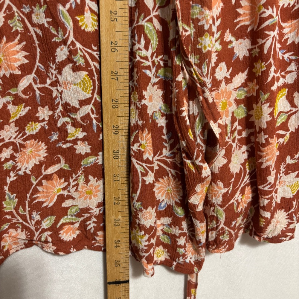 Billabong Wrap Dress Red Clay Crinkle Floral Blouson Sleeve Boho Cottage Party M - Picture 12 of 12